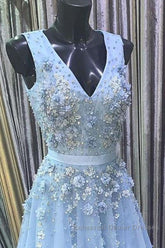 A Line V Neck Floral Light Blue Lace Long Semi Formal Prom Dresses, Light Blue Lace Formal Graduation Evening Dresses